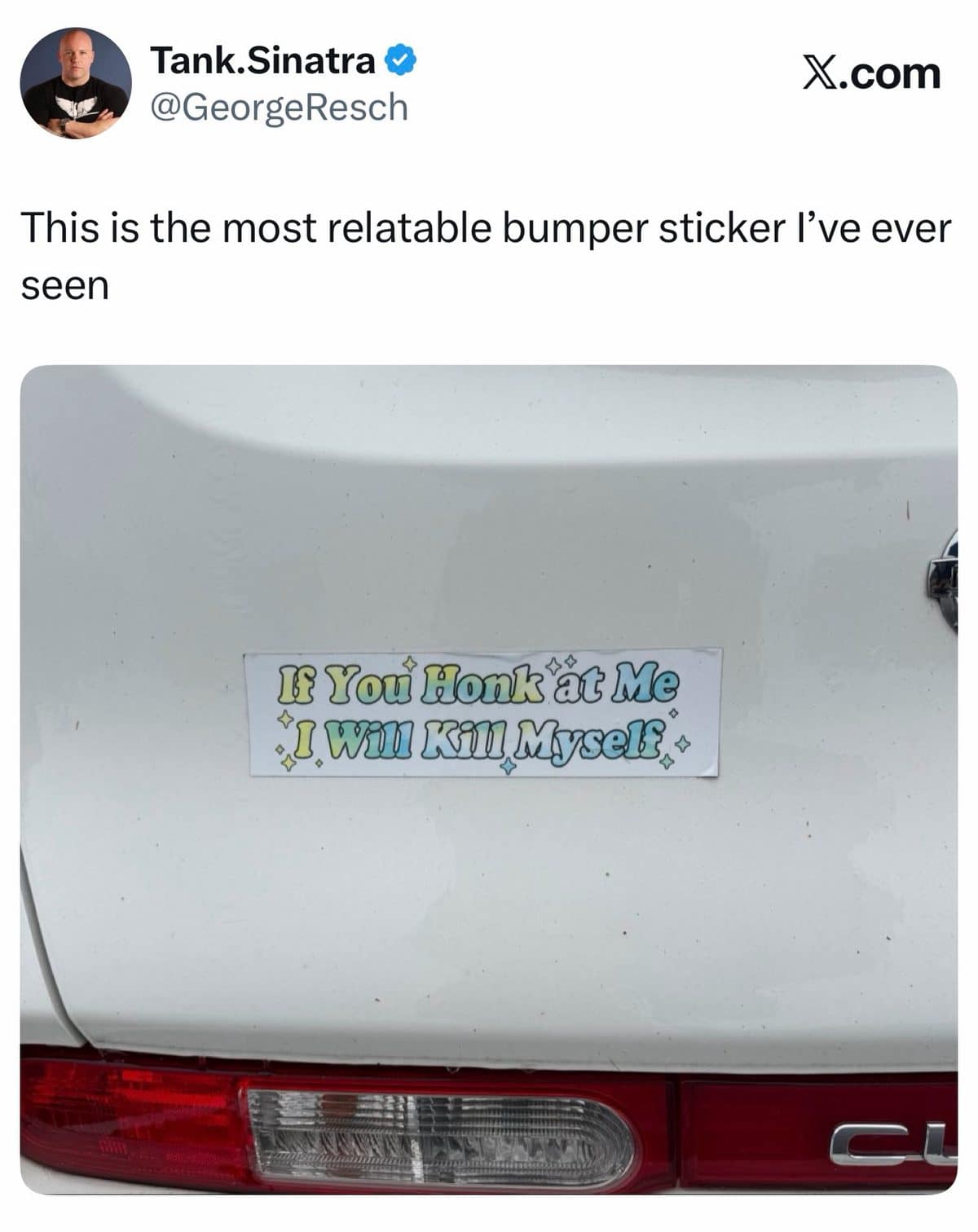 Meme dump bumper sticker with dark humor about drivers who honk, shared as relatable