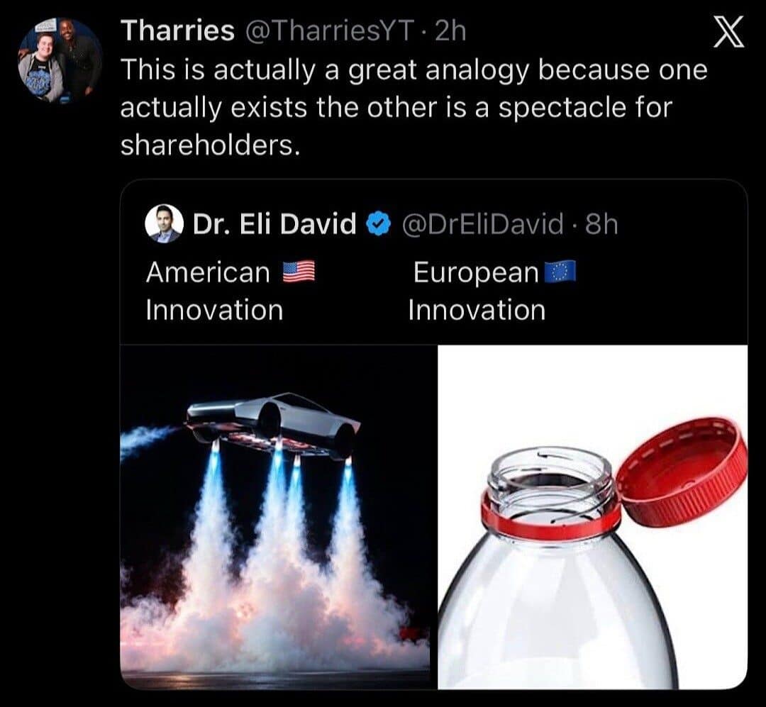 Meme dump joke comparing a flying Cybertruck to the tethered European bottle cap.
