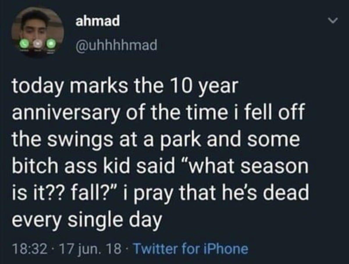 Tweet about a kid asking what season it is after someone fell off a swing.