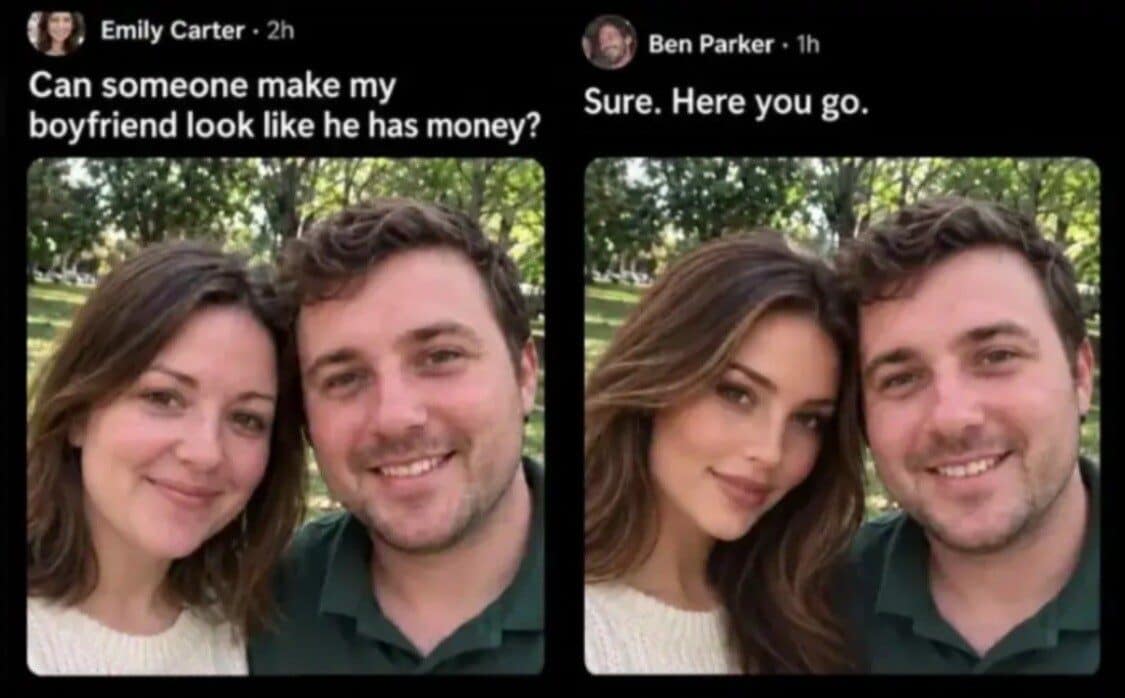 Edited couple selfie answering a request to make a boyfriend look like he has money.