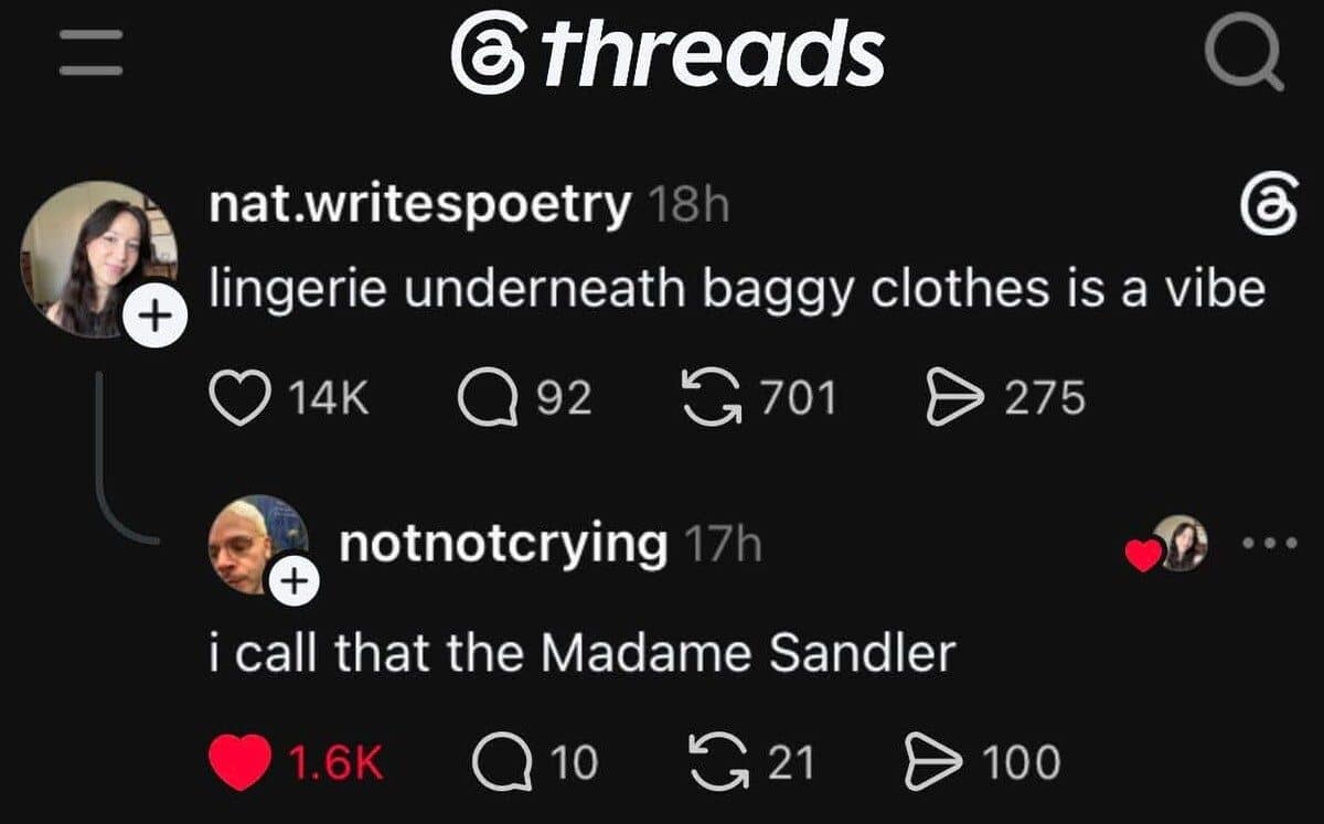 Threads reply dubbing fancy layers under baggy clothes the Madame Sandler look.