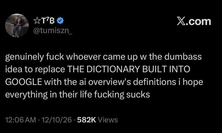 Angry tweet about Google replacing its built-in dictionary with AI overview definitions.