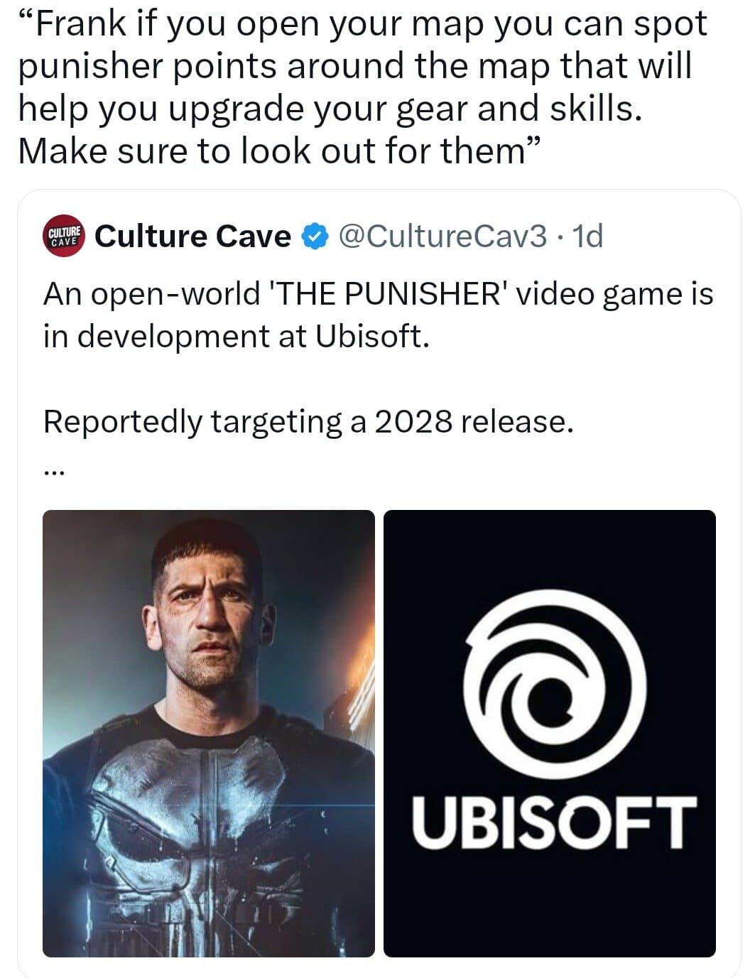 Meme dump joke about Punisher points in a rumored open world Ubisoft Punisher game.