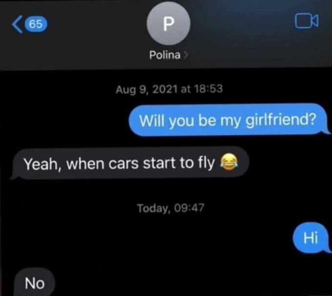 Text thread where yes when cars fly turns into a flat no years later.