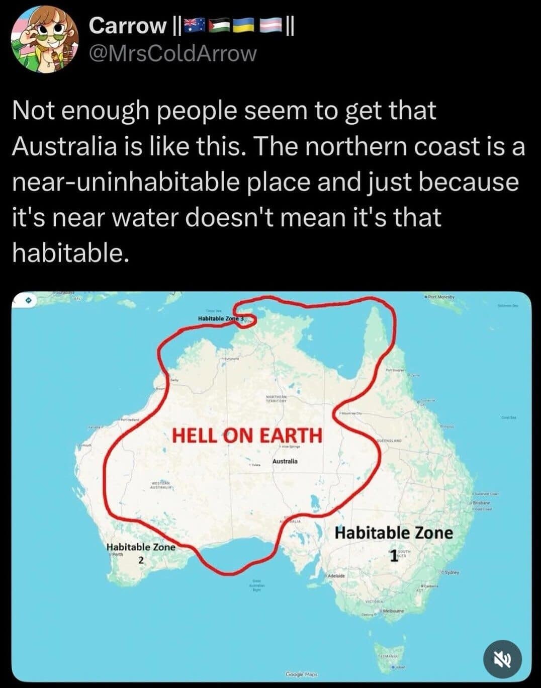 Map of Australia with the outback circled in red and labeled hell on earth.