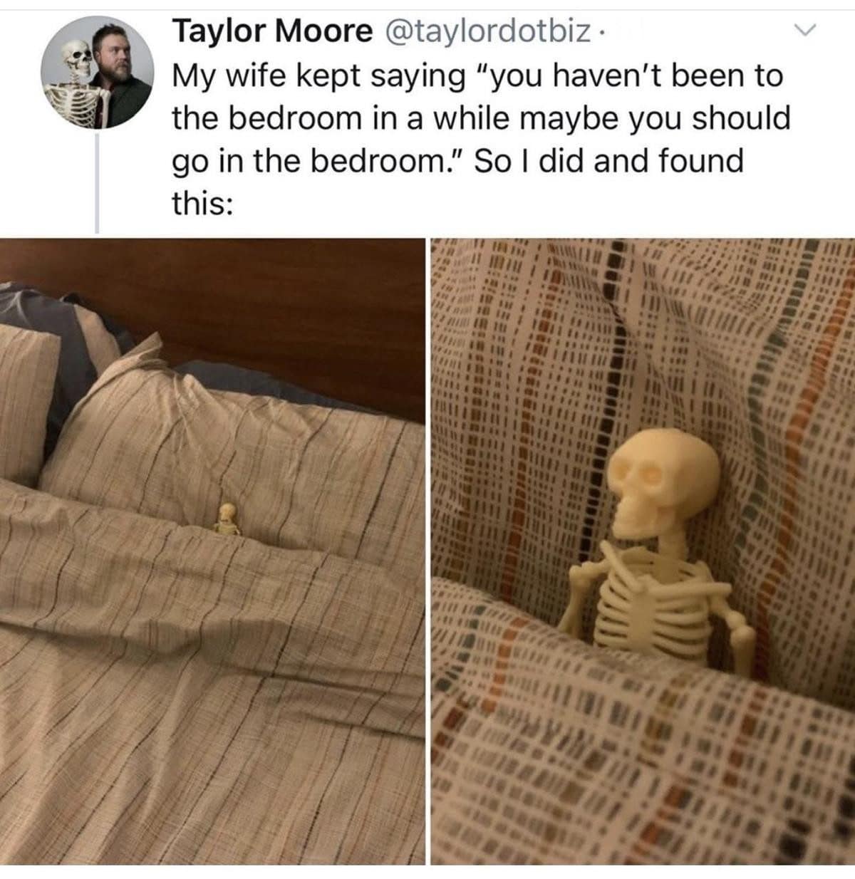 Tiny toy skeleton tucked into a bed under the covers, discovered by a husband.