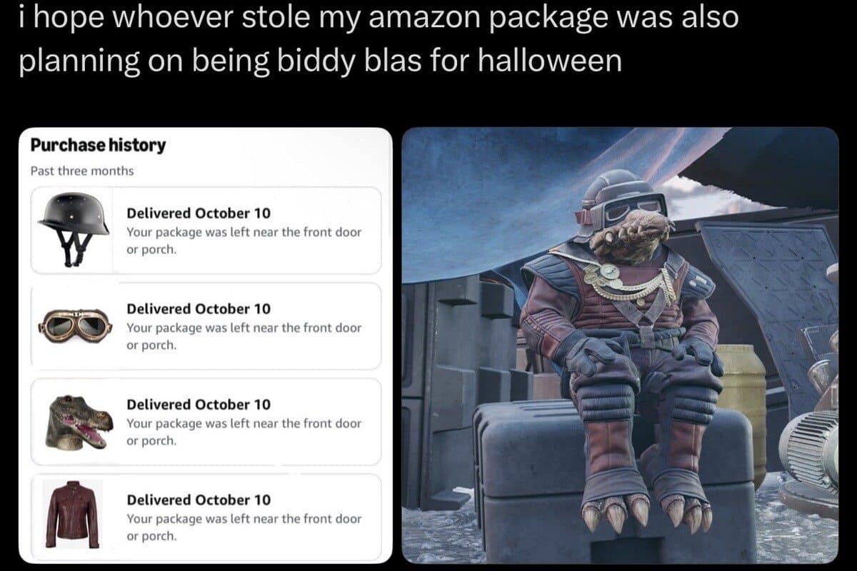 Meme dump tweet hoping the Amazon package thief was also dressing as the same alien.