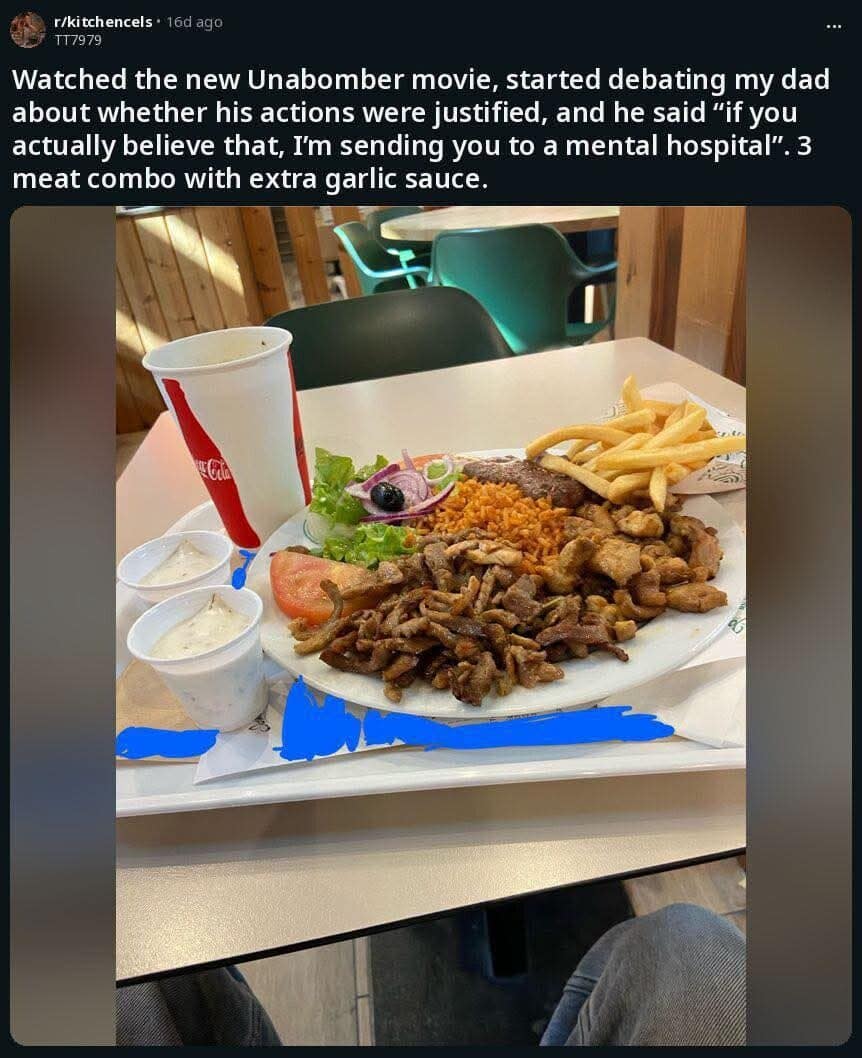 Reddit post pairing a heated movie debate with dad and a three meat combo plate.