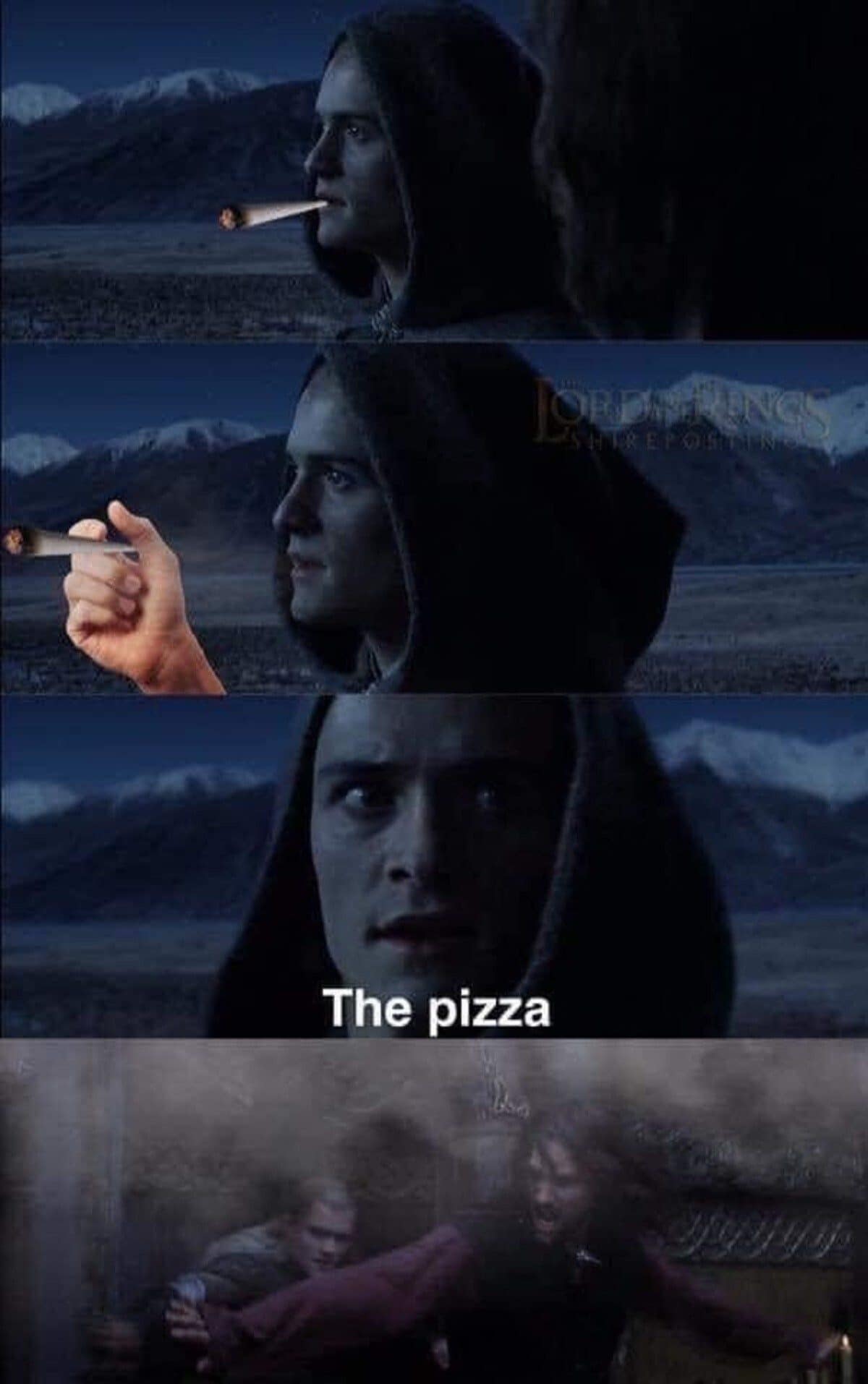 Lord of the Rings edit where an elf suddenly remembers the pizza in the oven.