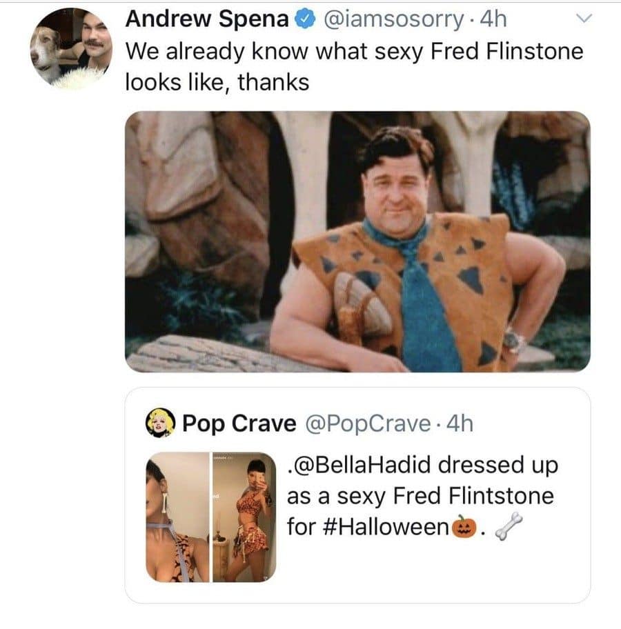 Meme dump tweet answering a sexy Fred Flintstone costume with John Goodman as Fred.
