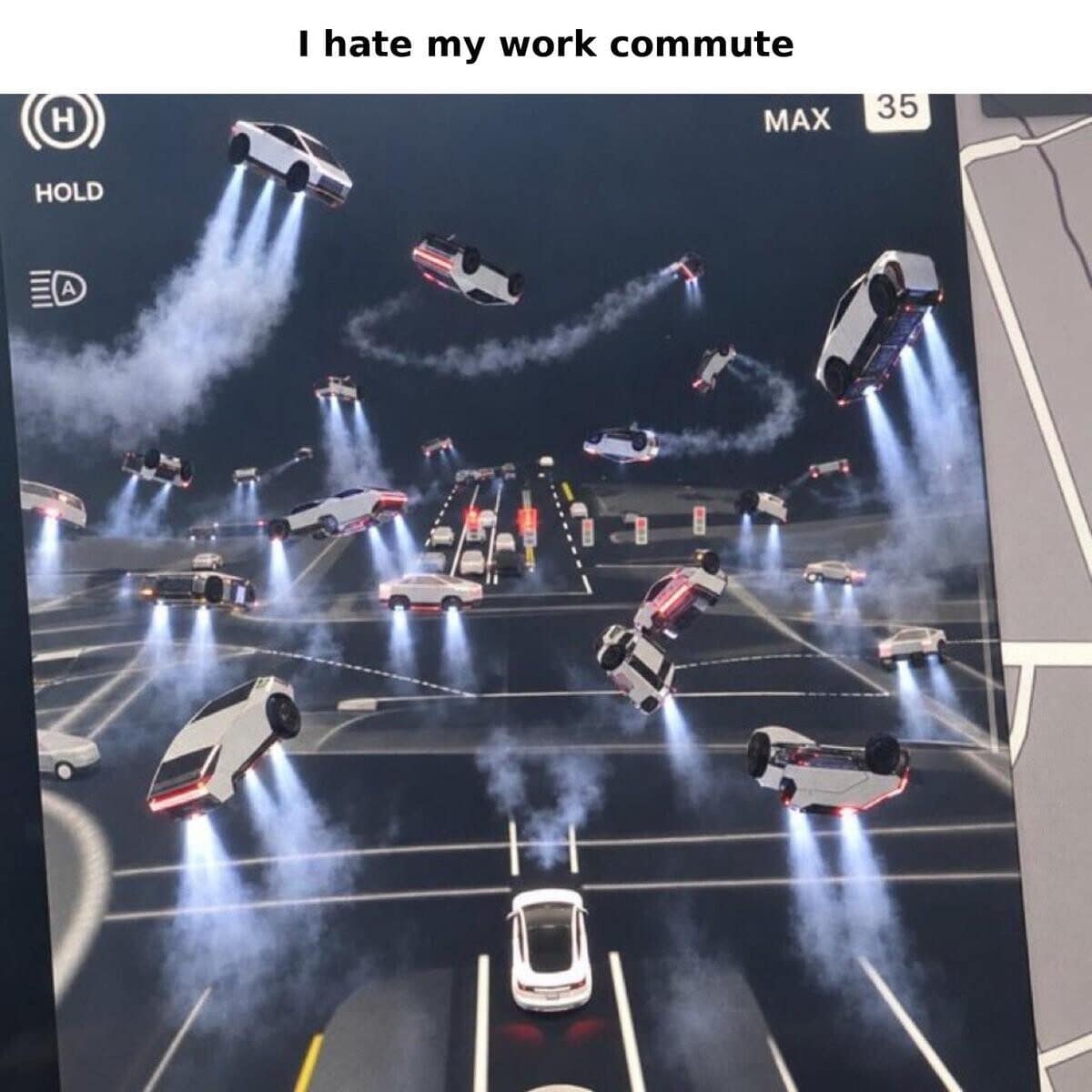 Tesla screen shows dozens of cars flying on thrusters, captioned I hate my work commute.