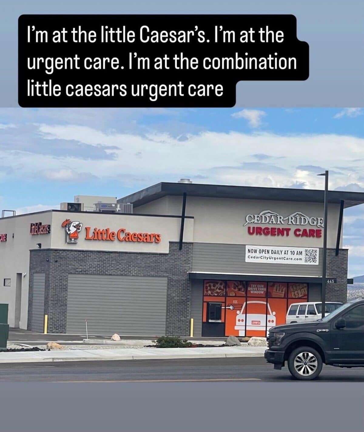 A Little Caesars pizza shop and an urgent care clinic sharing one building on a sunny street.