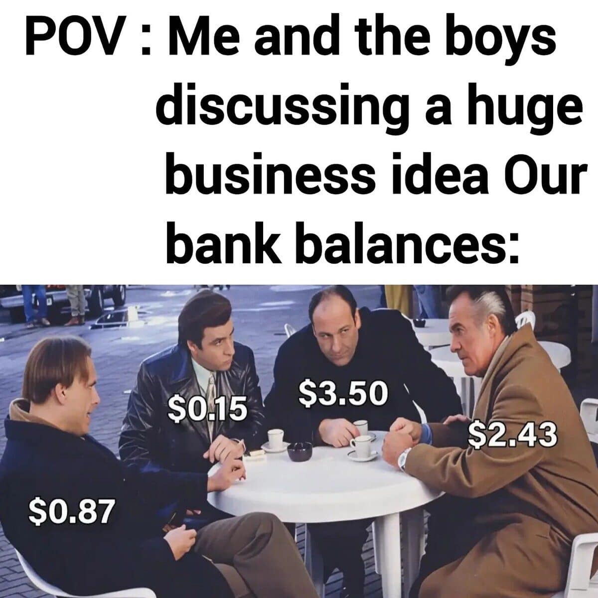 Four Sopranos characters at a cafe table labeled with tiny bank balances while planning a business idea.