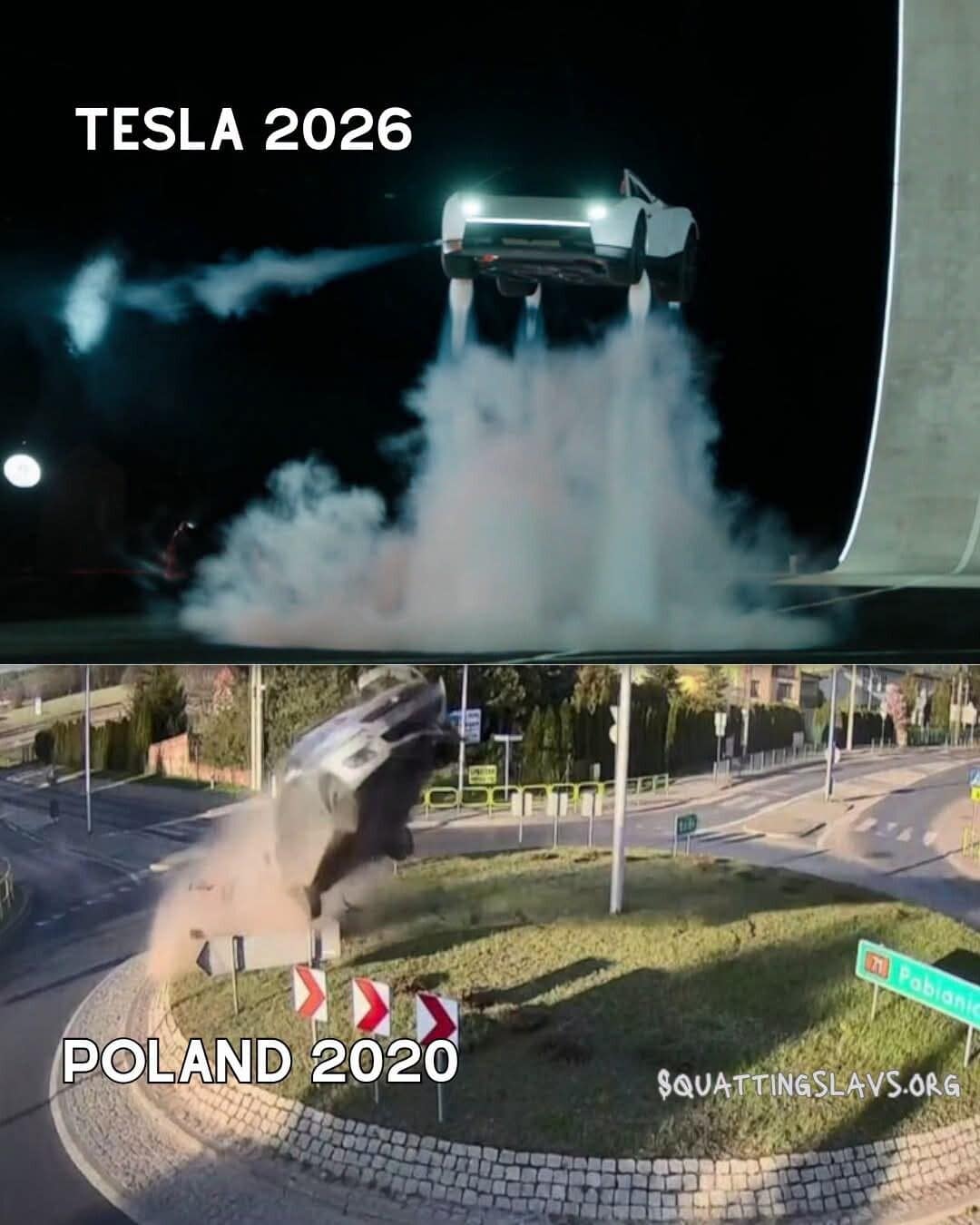 Split image comparing a Tesla launching on jet thrusters with a car flying off a Polish roundabout.