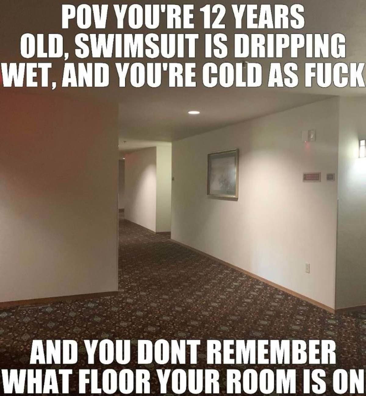 Empty hotel hallway with text about being twelve, soaking wet from the pool, and forgetting your floor.