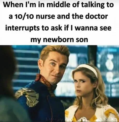 Meme dump pick: Homelander smirks after a doctor interrupts his chat to show his newborn.