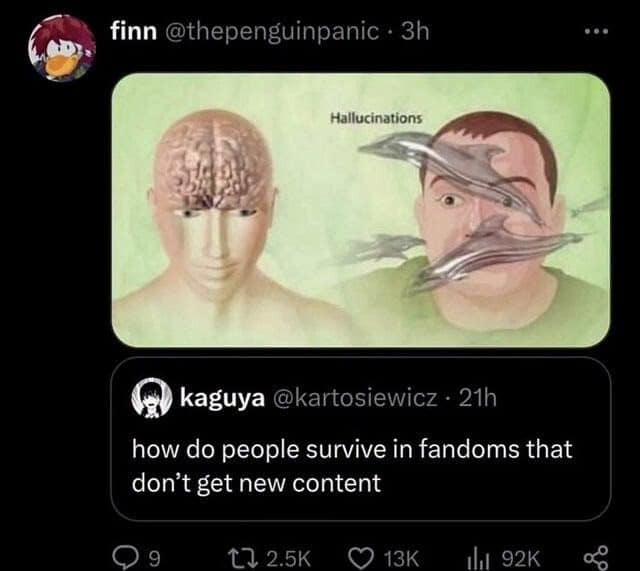 Brain diagram with dolphin hallucinations, answering how fans survive fandoms that get no new content.