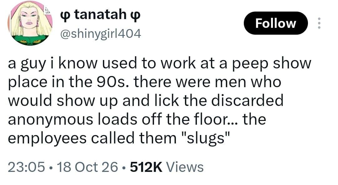 Tweet recalling a 1990s peep show job and a nickname employees gave certain customers.
