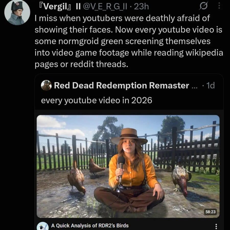 Meme dump tweet about YouTubers green screening themselves into Red Dead Redemption game footage.