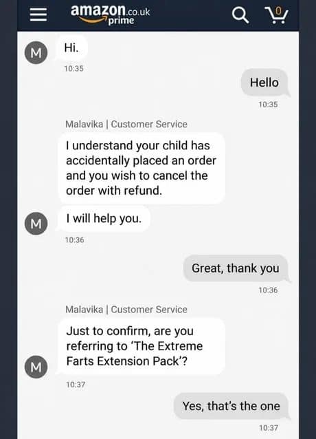 Amazon customer service chat confirming a child accidentally ordered The Extreme Farts Extension Pack.