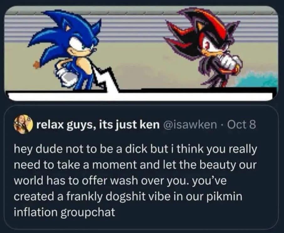 Sonic and Shadow face off above a tweet about ruining a Pikmin inflation groupchat.