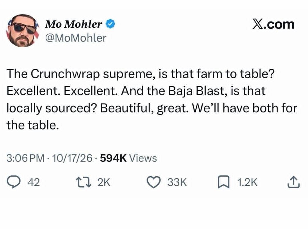 Tweet asking whether a Crunchwrap Supreme is farm to table and Baja Blast locally sourced.