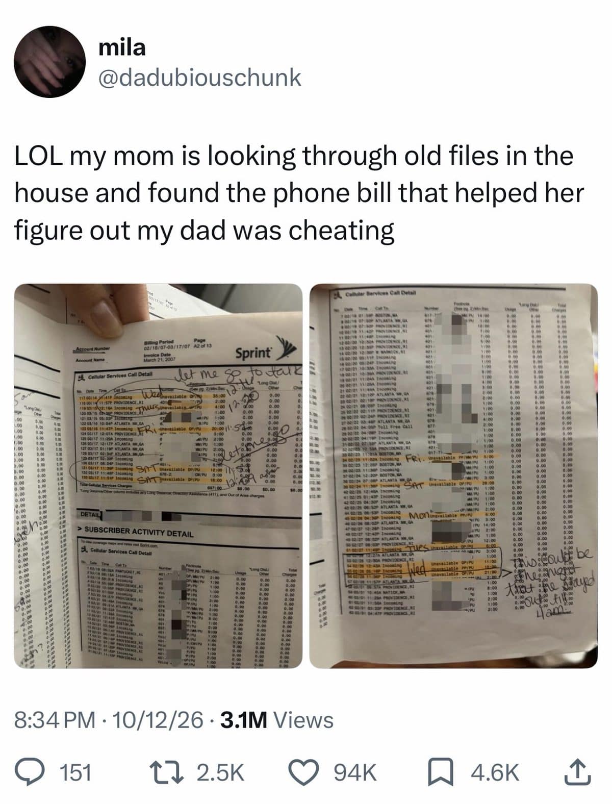 Meme dump tweet showing an old phone bill a mom marked up to catch a cheater.