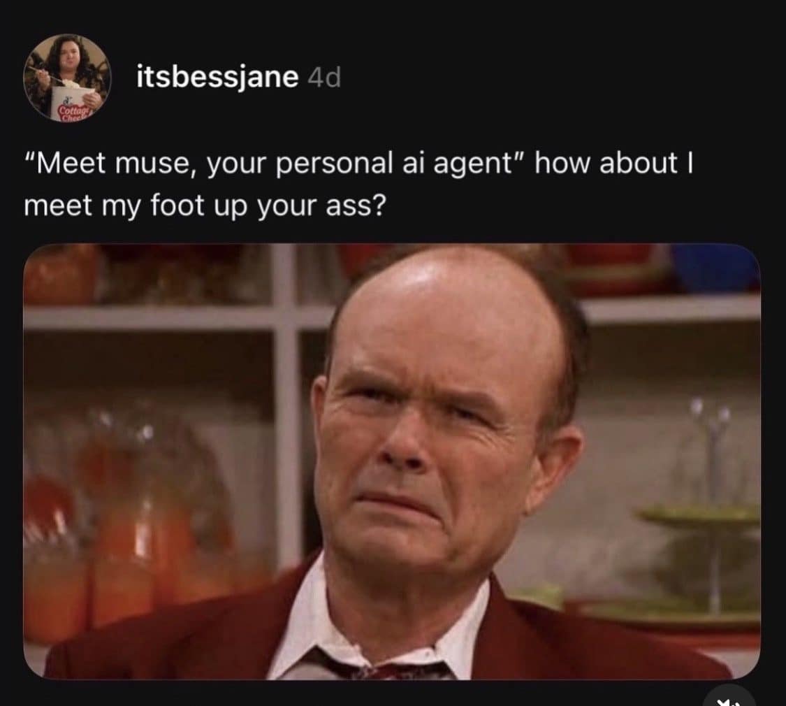 Red Forman scowling under a post roasting an ad for a personal AI agent.