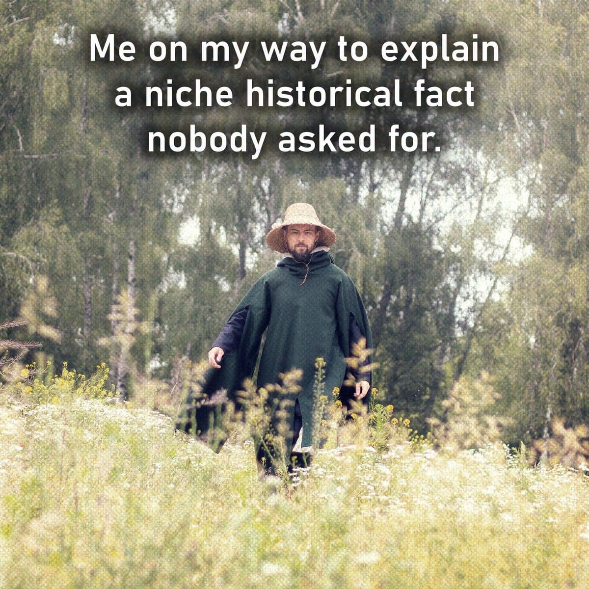 Man in a straw hat and cloak strides through a field in this meme dump.