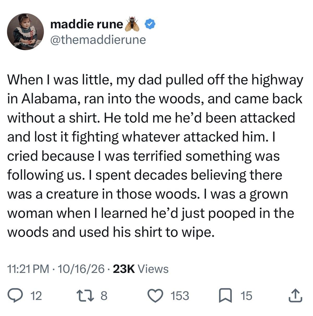 Long tweet about a dad who claimed a woods creature took his shirt on a road trip.