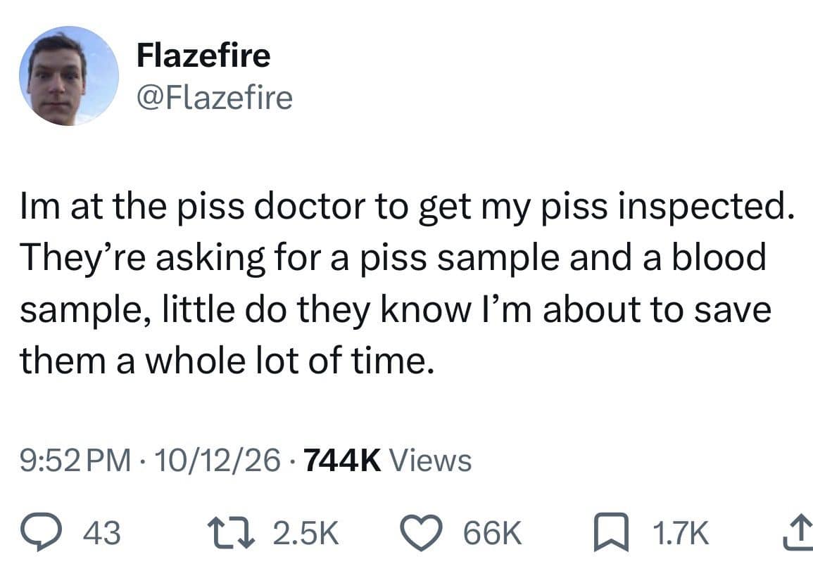 Tweet joking about saving the doctor time by combining two lab samples into one.