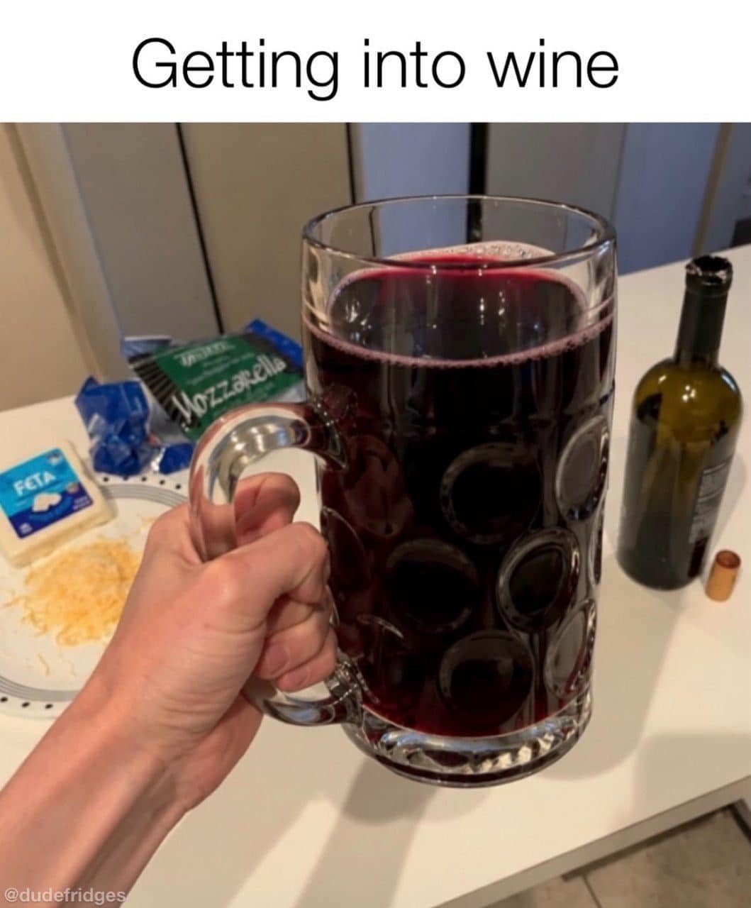 Hand holding a giant glass beer stein full of red wine, captioned getting into wine.