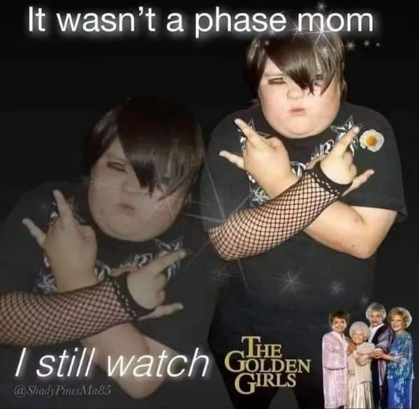 Two emo kids posing in a meme dump joke about still watching The Golden Girls.
