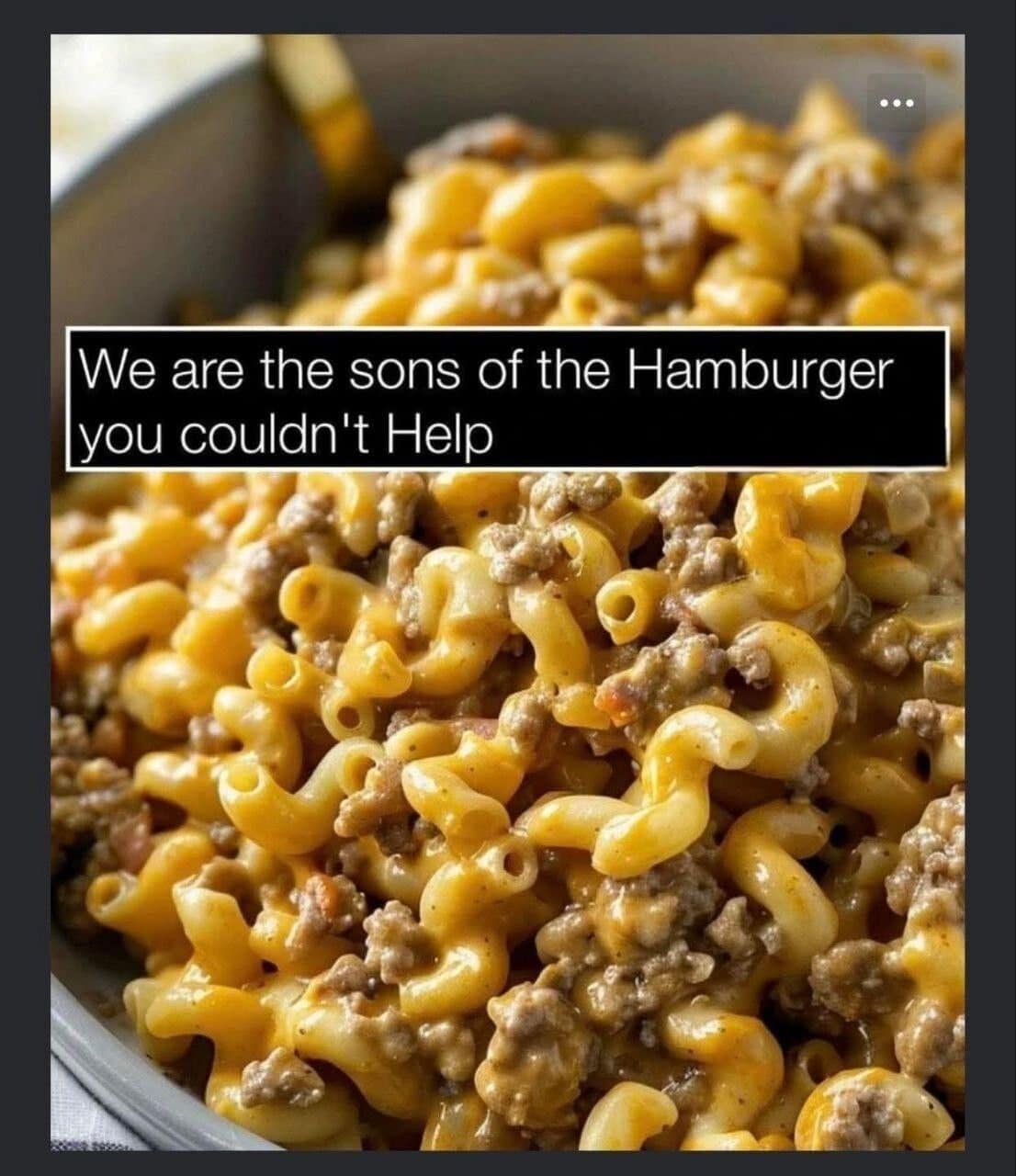 Cheesy pasta with ground beef captioned we are the sons of Hamburger Helper.