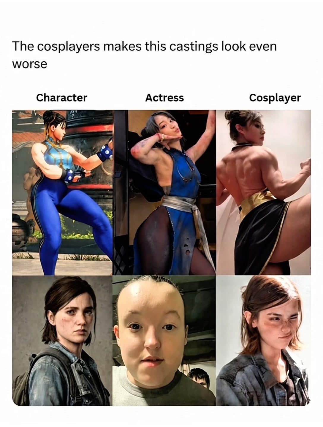 Meme dump comparison of video game characters, the actresses who played them, and cosplayers