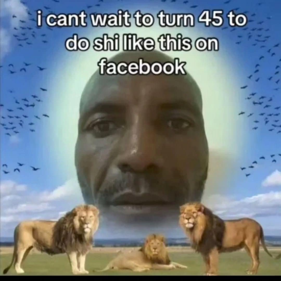 Meme dump edit of a glowing face above lions, joking about Facebook posts at 45