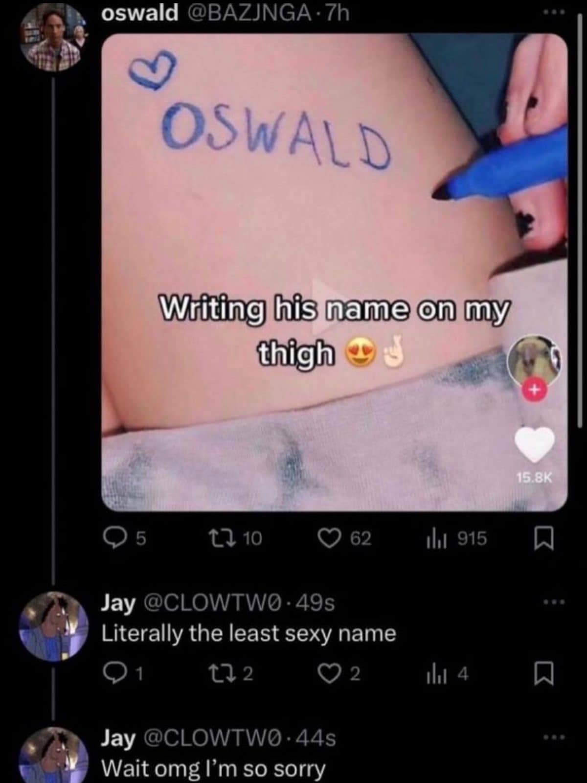 Video screenshot of someone writing the name Oswald on their leg in blue marker