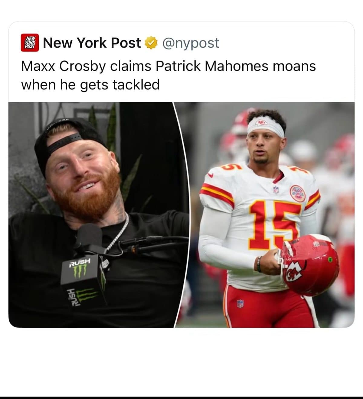 New York Post tweet about Maxx Crosby claiming Patrick Mahomes makes noise when tackled