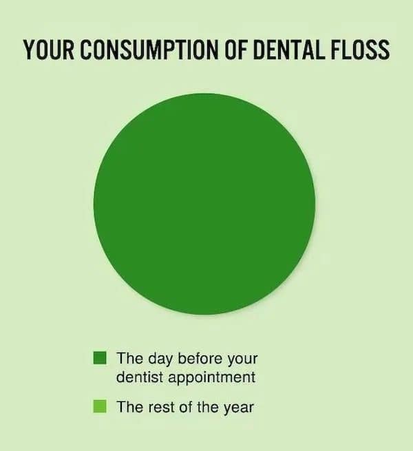 Meme dump pie chart showing dental floss use spikes the day before the dentist
