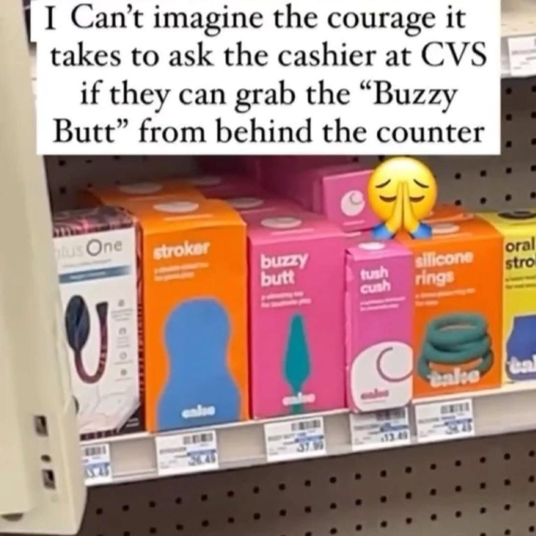 Meme dump post about asking a pharmacy cashier to unlock an embarrassing adult product