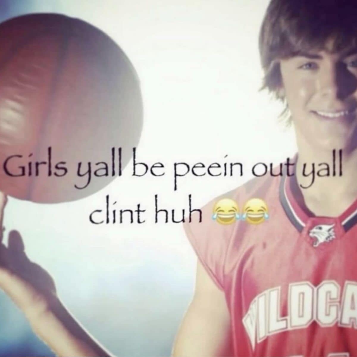 Edited Zac Efron basketball photo with a crude misspelled caption written across it