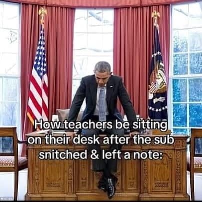 Obama leans on a desk like a teacher who just read the sub's note