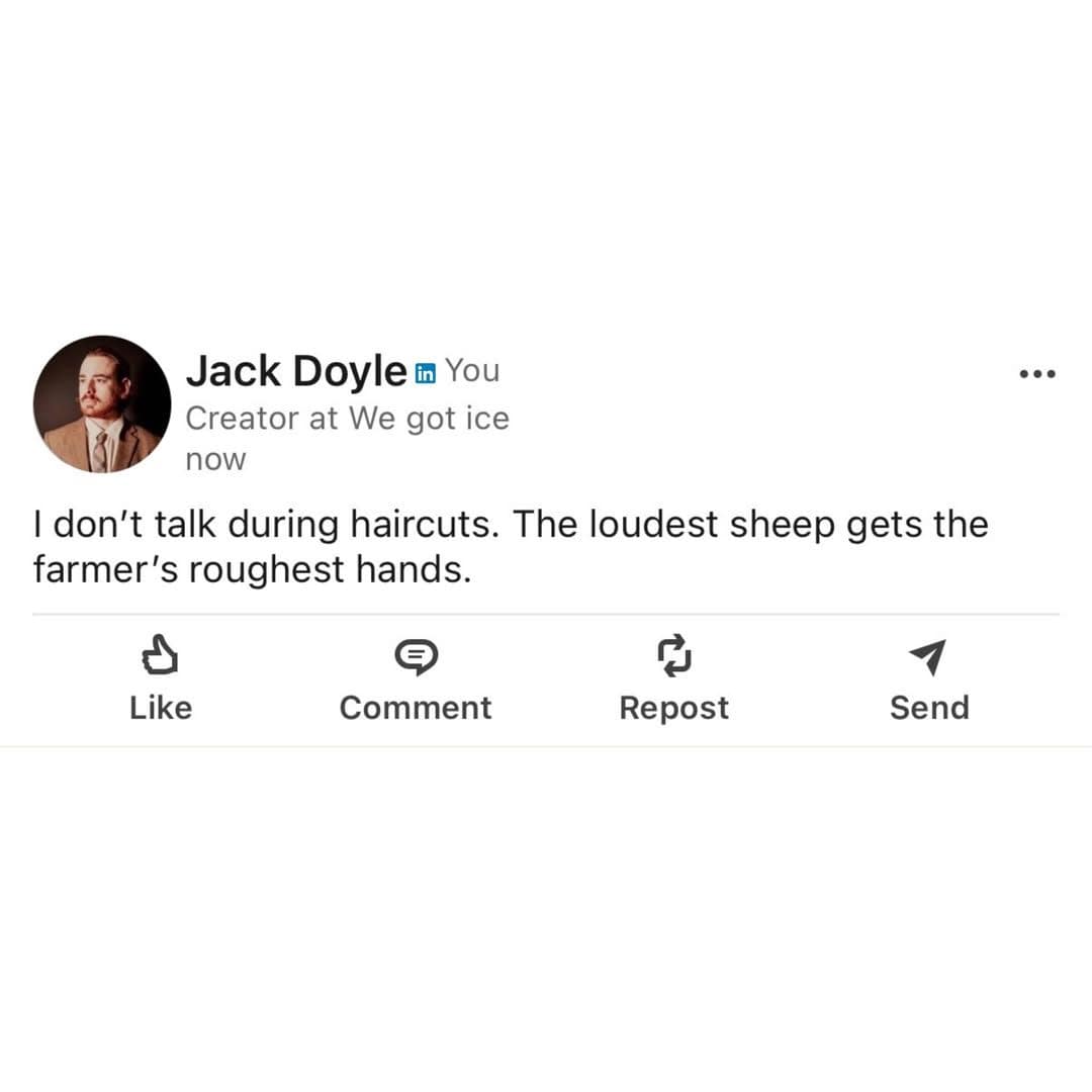 LinkedIn post explaining silence during haircuts with a line about loud sheep and rough hands