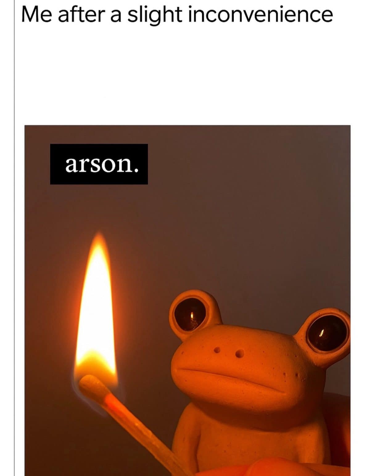 Small orange frog figurine holding a lit match under the word arson