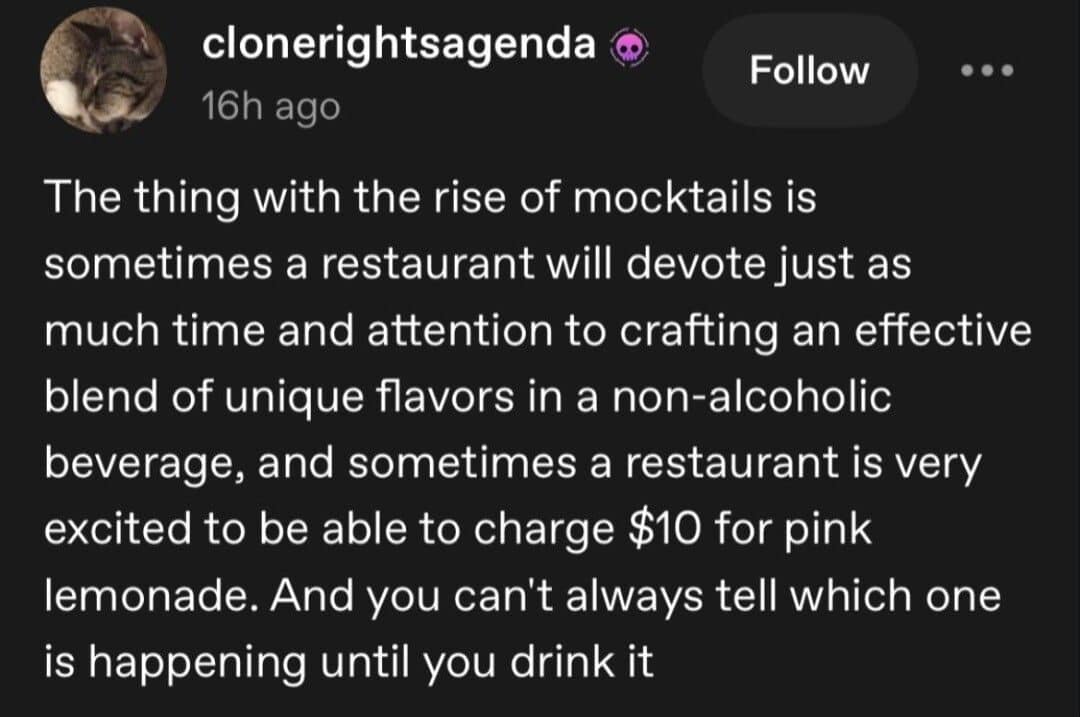 Meme dump post about mocktails being either crafted drinks or ten dollar pink lemonade