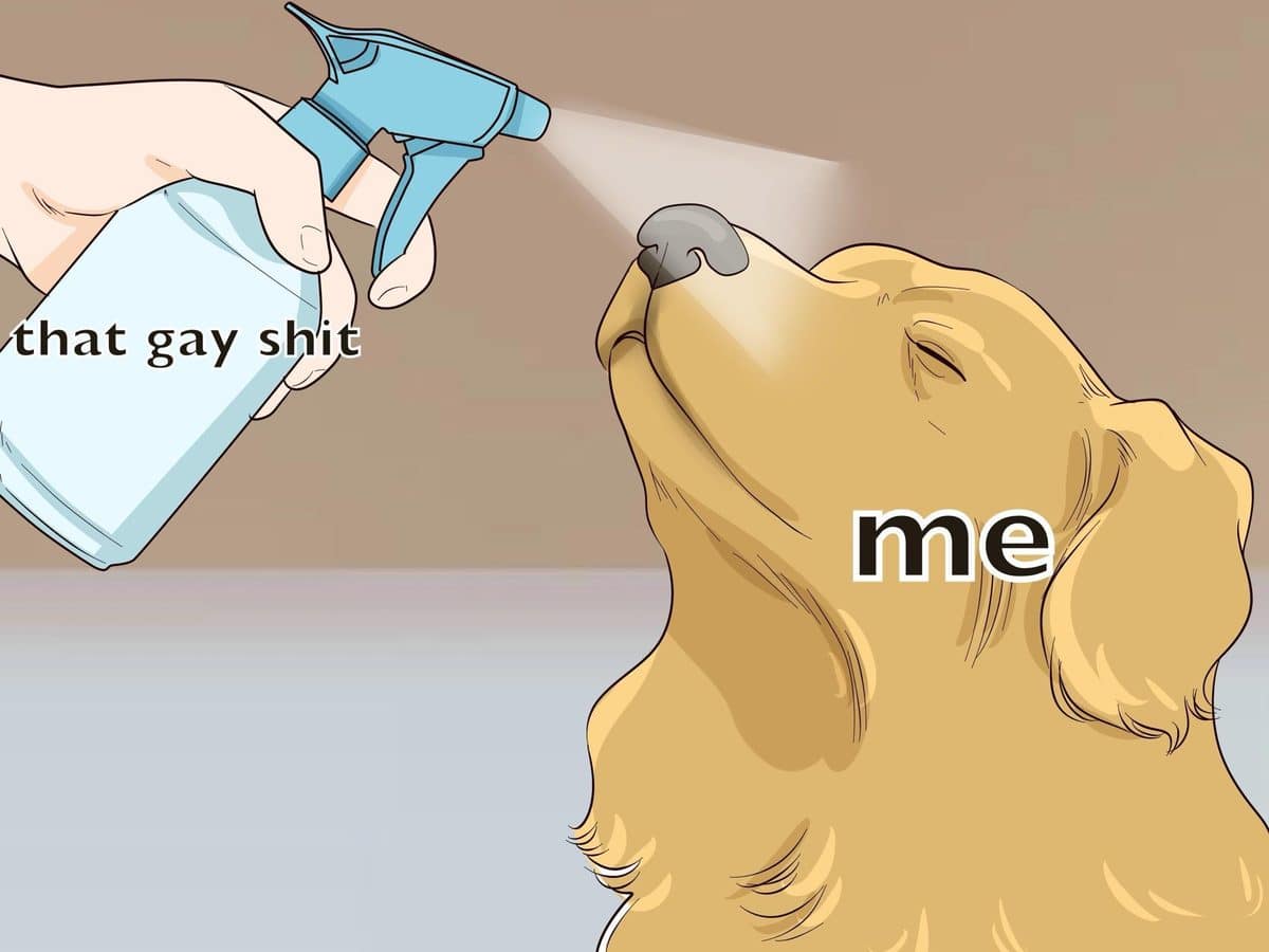 Cartoon dog leaning into a spray bottle mist with a crude label on the bottle