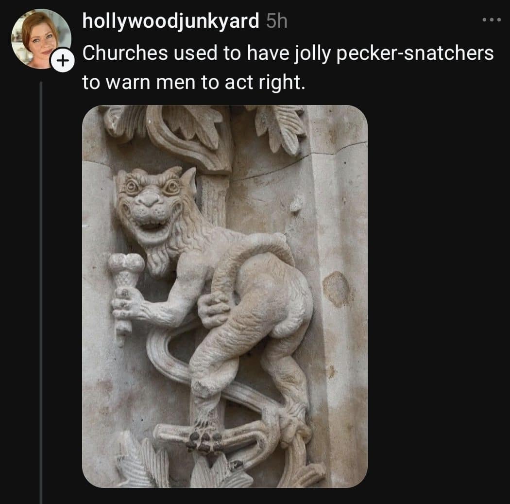 Meme dump post about a crude gargoyle carving on an old church wall