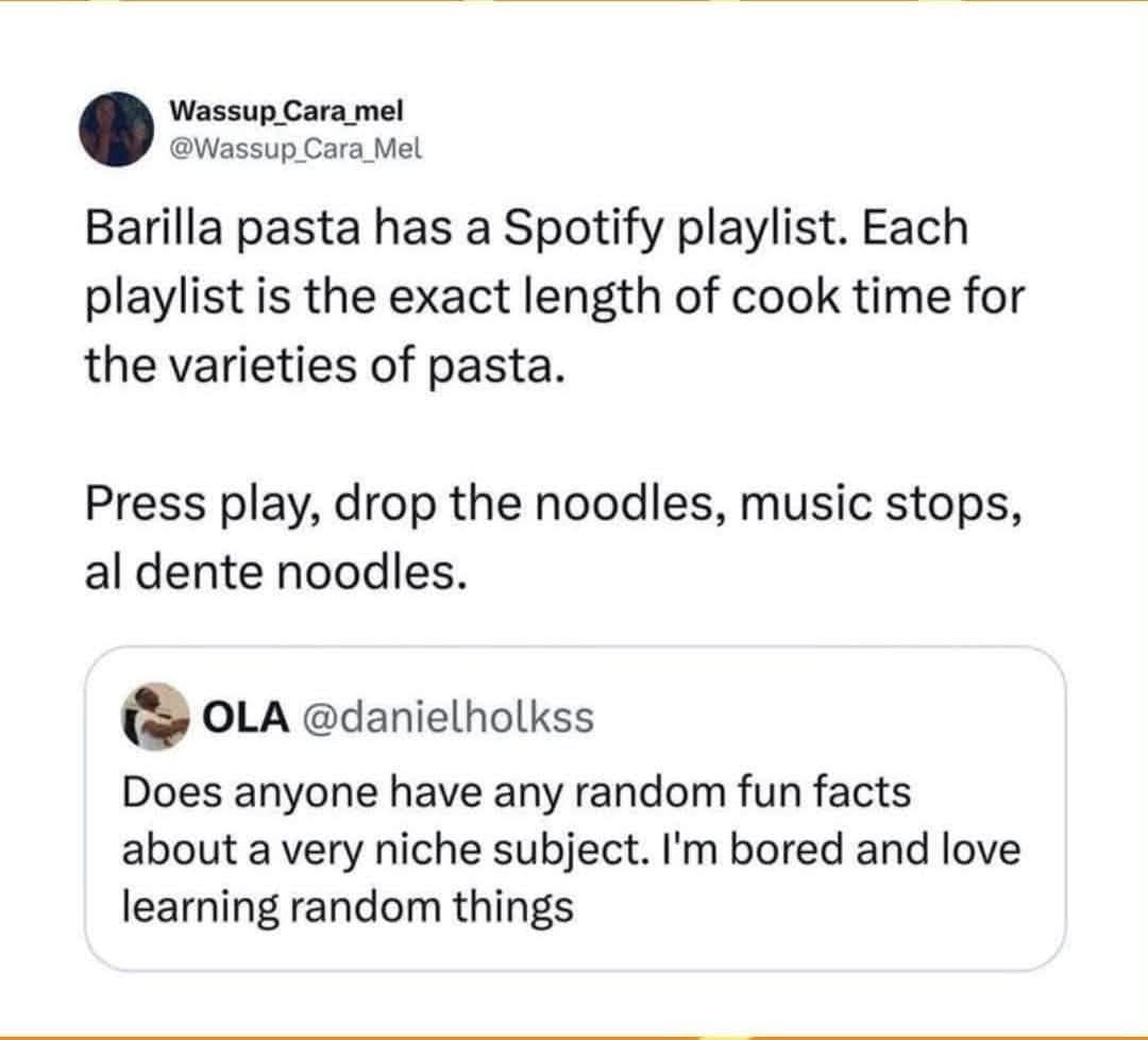 Meme dump tweet about Barilla playlists timed to match each pasta's cook time