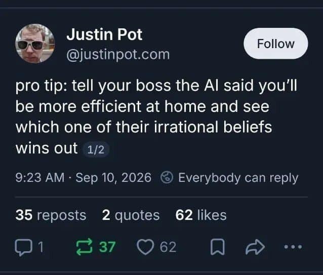 Tweet suggesting telling your boss AI says you'll be more efficient working from home
