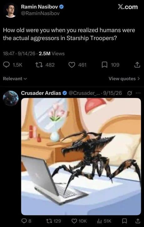 Tweet about Starship Troopers aggressors, answered by a giant bug typing on a laptop
